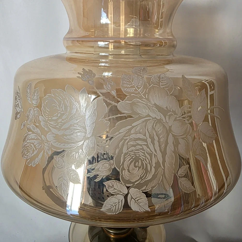 VTG‎ Amber Marigold Luster Iridescent Glass Gone with The Wind Floral 3-Way Lamp
